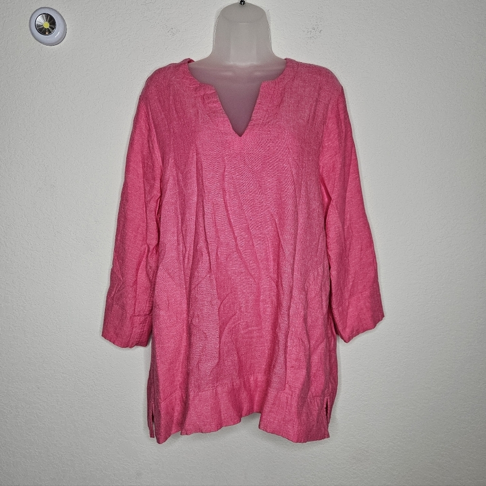 Land's End Linen Blend Split Neck 3/4 Sleeve Pink Tunic Blouse L